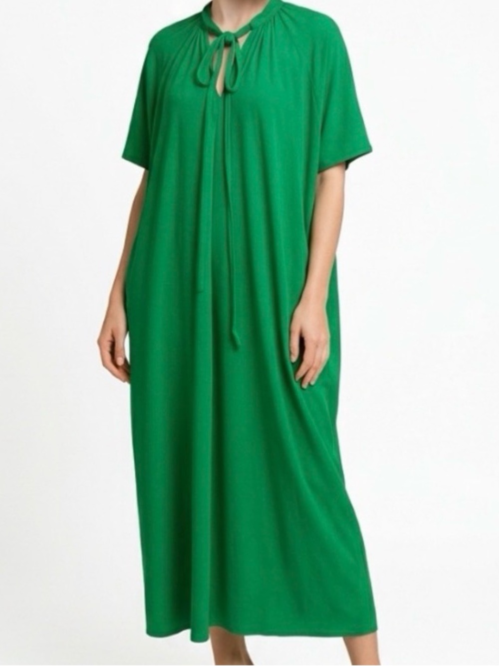 Halston IV Womens‎ Kelly Green Tie Neck Kaftan Maxi Dress Short Sleeve Pockets